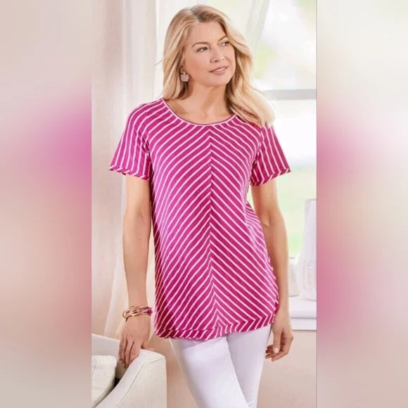 Soft Surroundings Fushia Striped Short Sleeve Tee Size Medium - Picture 1 of 14